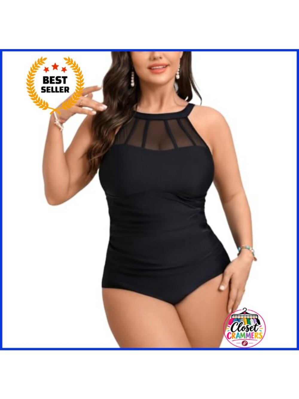 Plus Size Tankini Set High Neck Mesh Cutout Two Piece Swimsuit Adjustable Straps